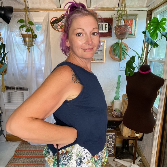 Anthropologie MOTH Navy Blue Sleeveless sweater attached MultiColor Lace Small - Picture 5 of 17